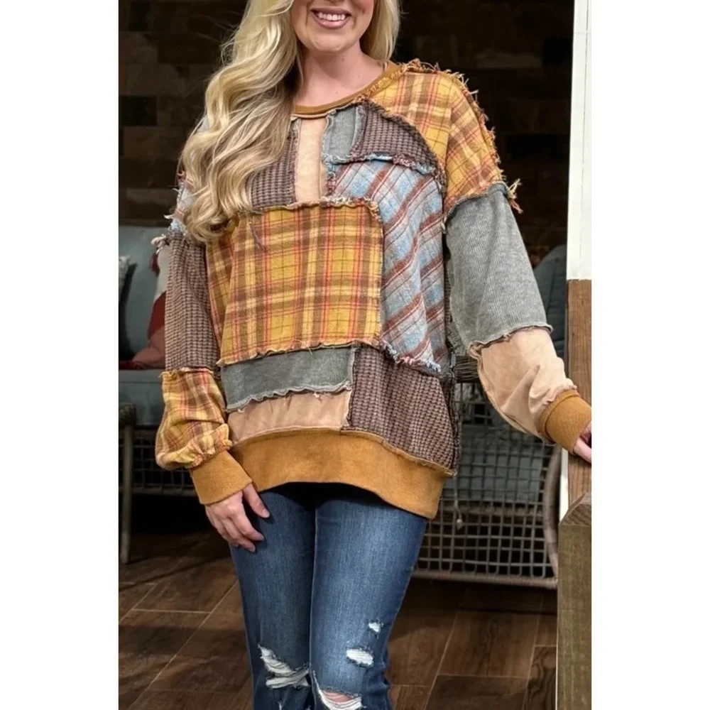 Oli & Hali Washed Mixed Fabric Plaid Pullover in Mustard Combo - Picture 11 of 14